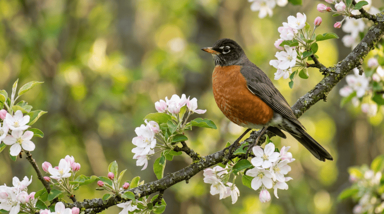 American Robin perched on a flowering tree branch in spring