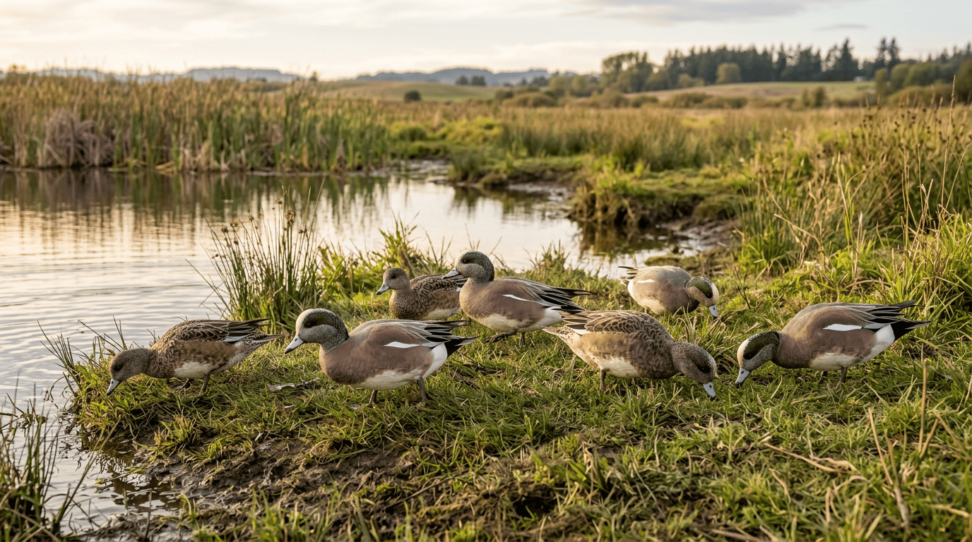 Small flock of American Wigeons grazing near a pond edge
