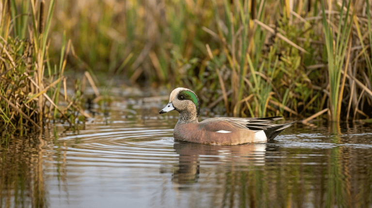 Male American Wigeon swimming on a calm freshwater marsh