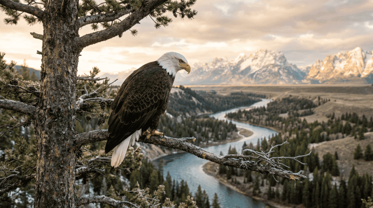 Adult Bald Eagle perched on a pine branch overlooking a river valley
