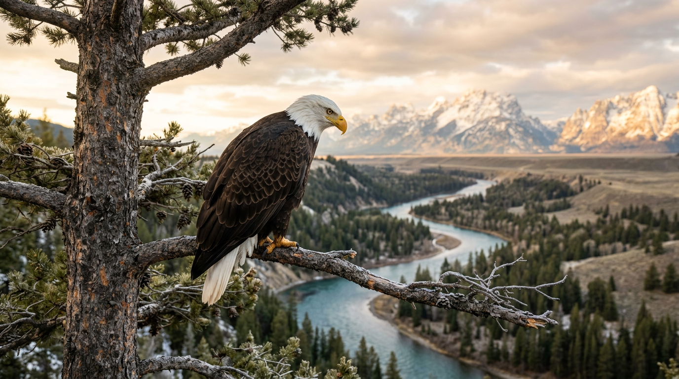 Adult Bald Eagle perched on a pine branch overlooking a river valley