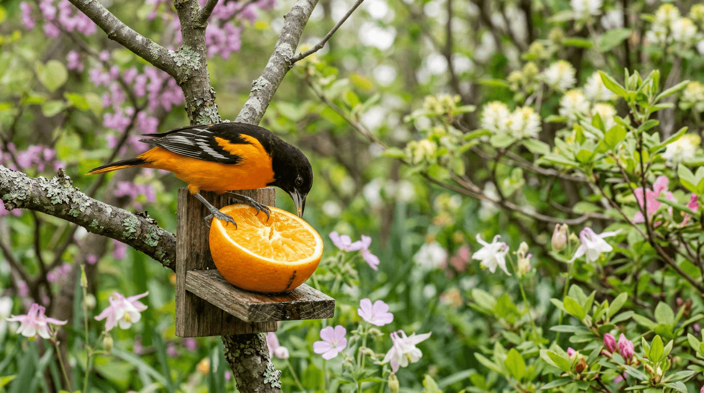 Baltimore Oriole feeding from a halved orange in a backyard garden