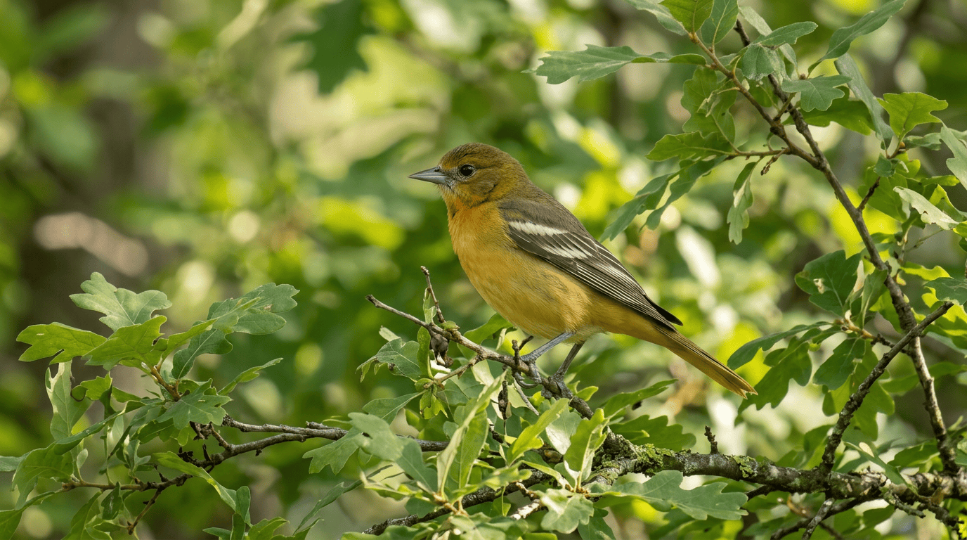 Female Baltimore Oriole perched among leafy branches
