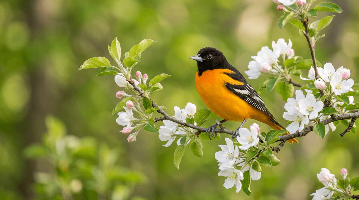 Male Baltimore Oriole perched on a flowering tree branch in spring