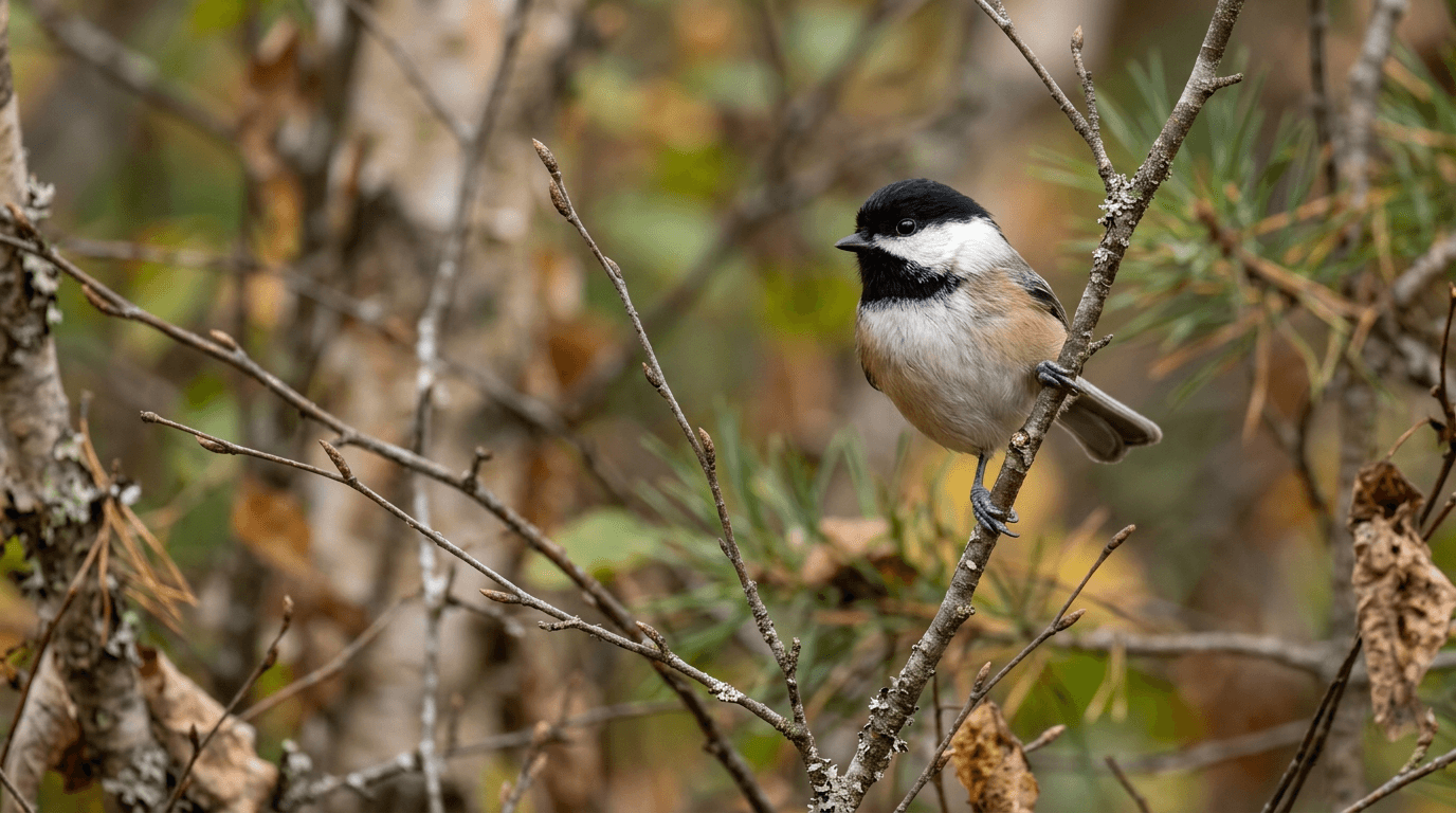 Black-capped Chickadee clinging to a thin twig in northern forest habitat