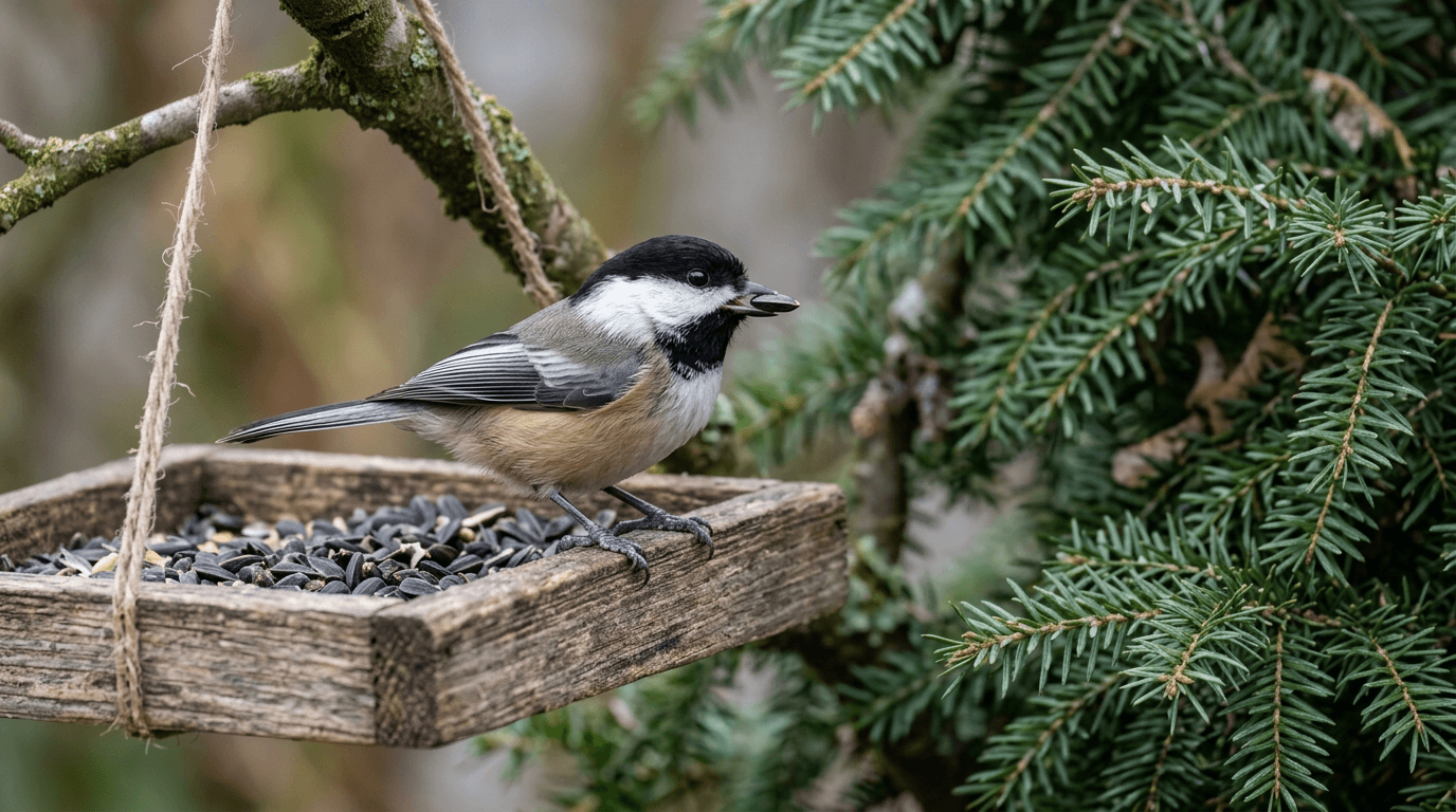 Black-capped Chickadee feeding on sunflower seeds near a backyard feeder