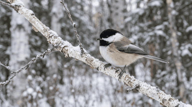 Black-capped Chickadee perched on a snow-dusted birch branch