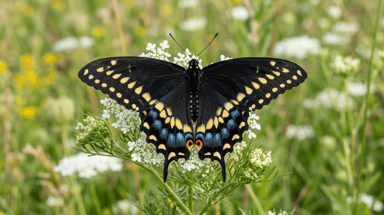 Black Swallowtail Butterfly with open wings showing yellow spots blue hindwing band orange eyespots and tails