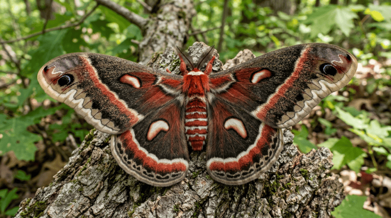 Cecropia Moth with open reddish brown wings showing white crescent marks eyespots and banding