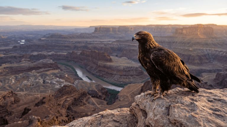 Adult Golden Eagle perched on a rocky mountain outcrop at sunrise