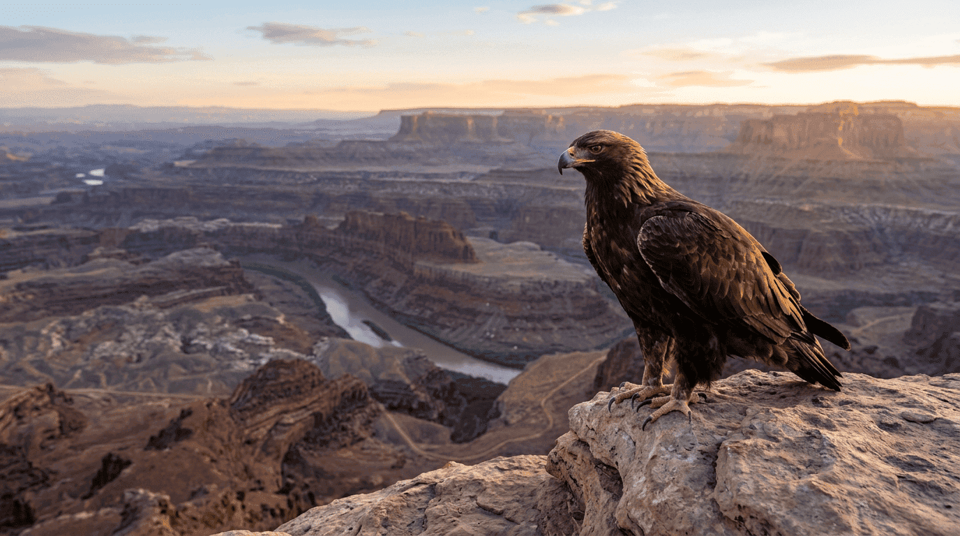Adult Golden Eagle perched on a rocky mountain outcrop at sunrise