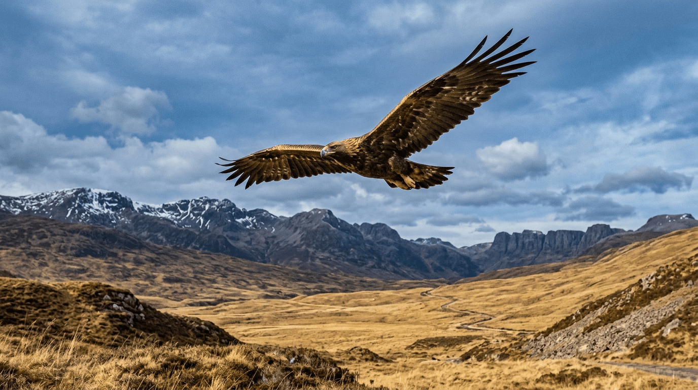 Golden Eagle soaring over open mountain grassland with cliffs in the distance