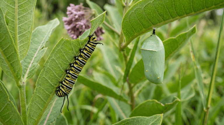 Monarch Butterfly caterpillar and green chrysalis on milkweed leaves