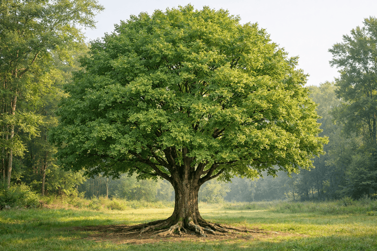 Complete mature red maple tree growing in a woodland clearing