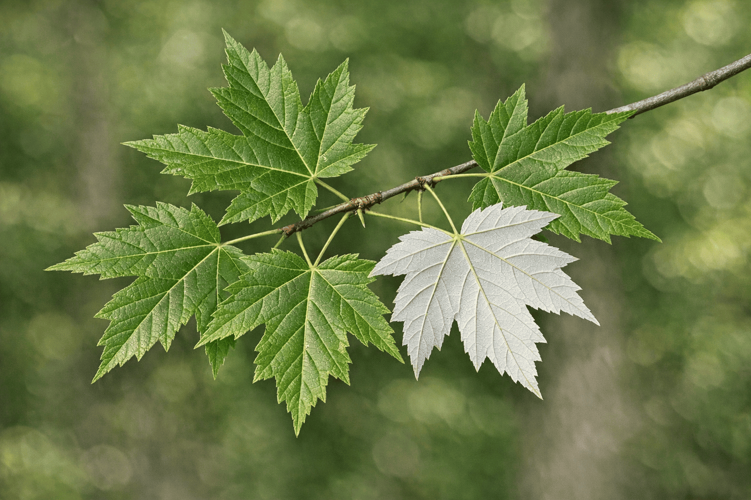 Silver maple leaves showing five deep lobes, toothed margins, and a pale silvery underside