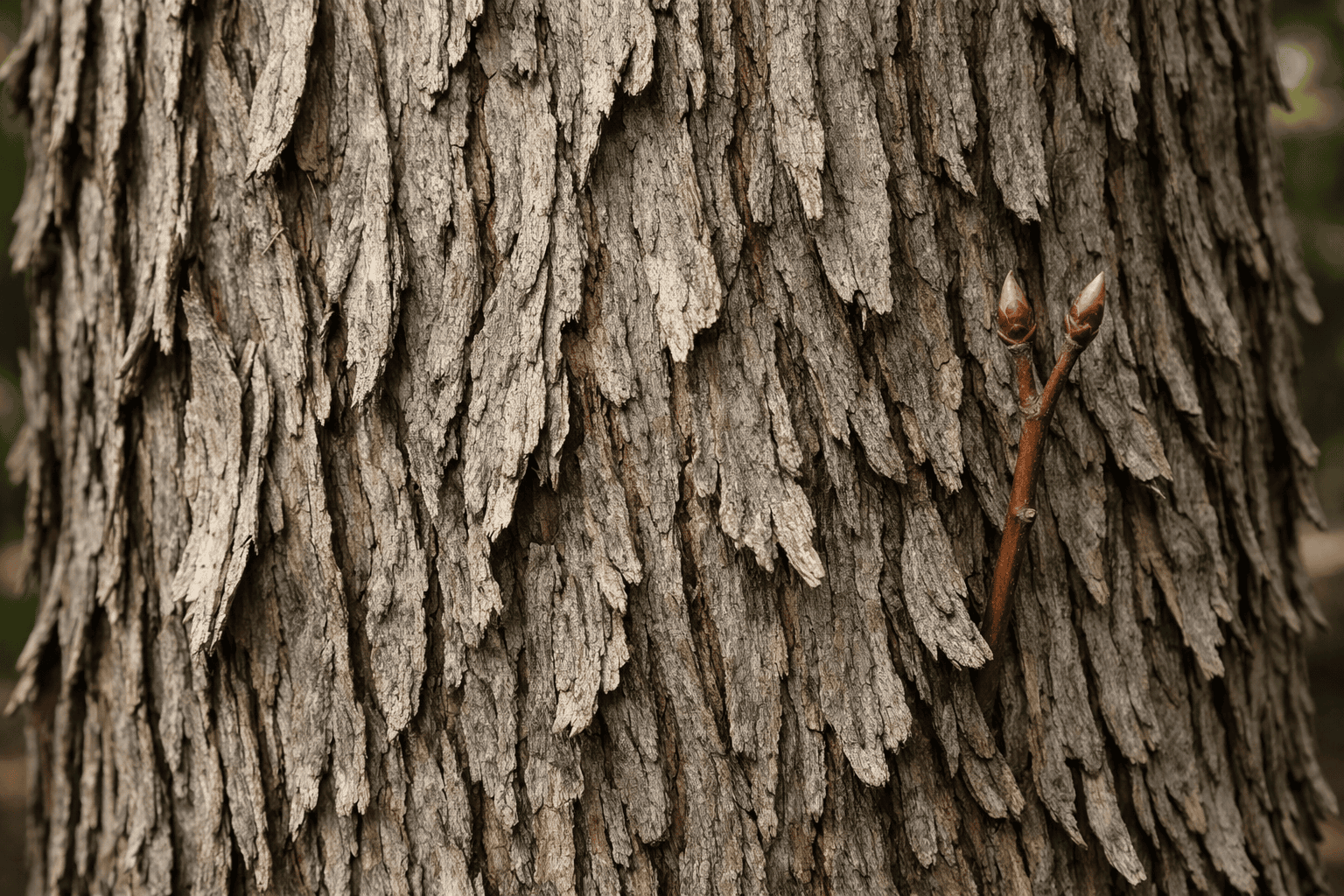 Mature silver maple bark with long shaggy plates and a twig bearing opposite buds
