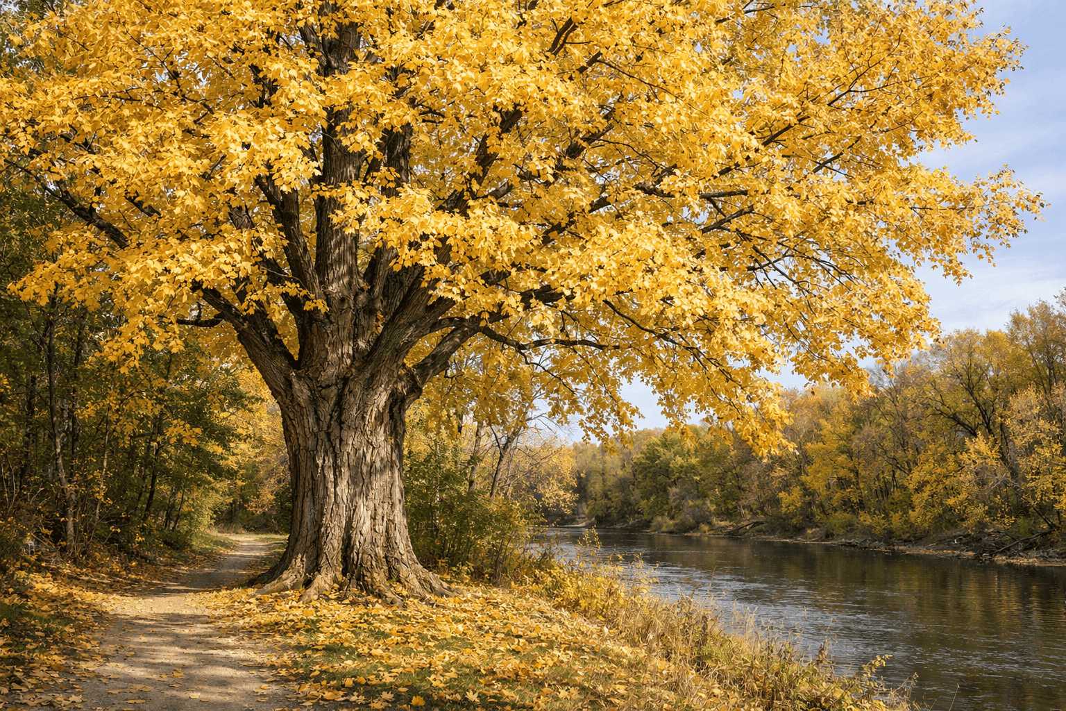 Mature silver maple with pale yellow autumn foliage beside a riverbank trail