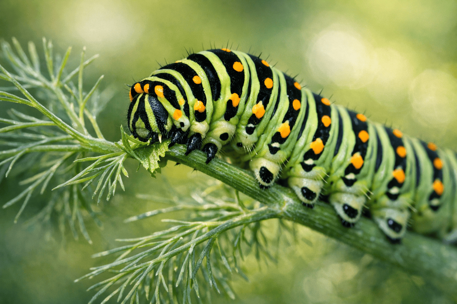 Mature Black Swallowtail caterpillar feeding on fresh dill