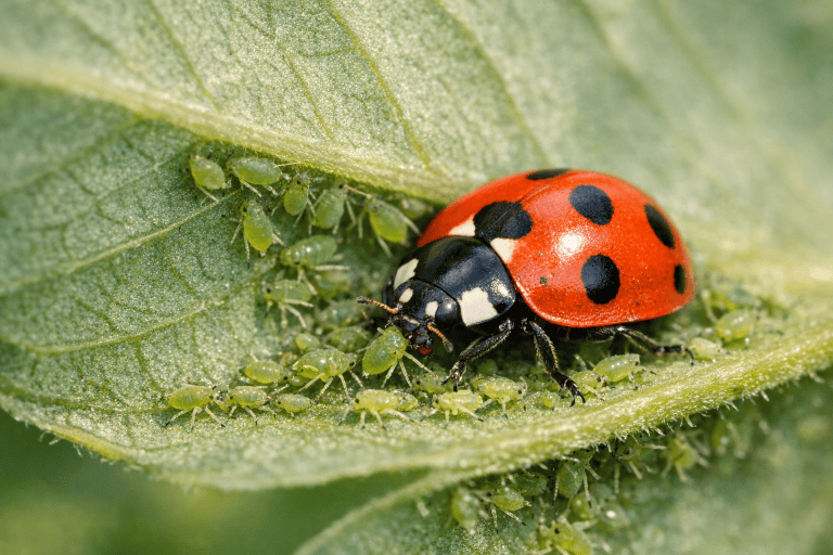 Adult seven-spotted lady beetle feeding among green aphids on a leaf