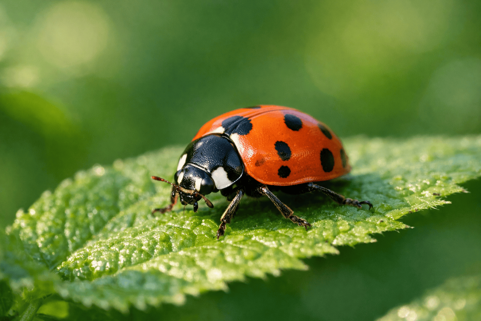 Adult Convergent Lady Beetle walking on a green garden leaf