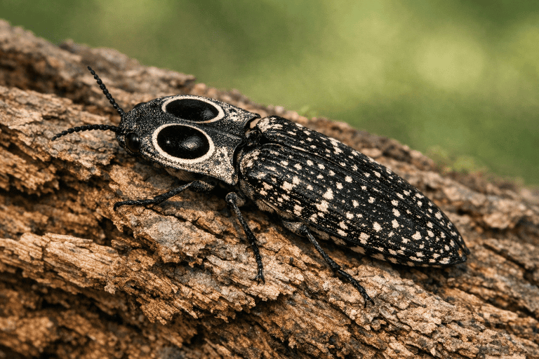 Adult Eyed Click Beetle resting on the bark of a decaying hardwood tree
