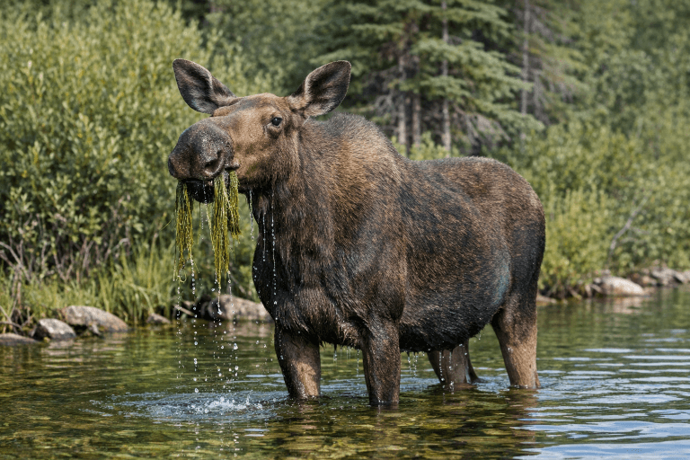 Female Moose lifting aquatic plants from a northern pond