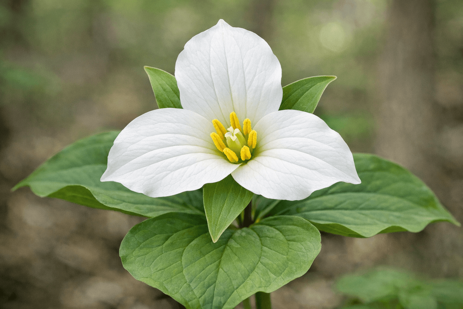 Close view of a white trillium flower showing three petals, green sepals, stamens, and plain green bracts