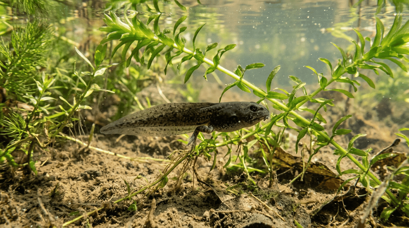 Northern Leopard Frog tadpole swimming in clear shallow wetland water