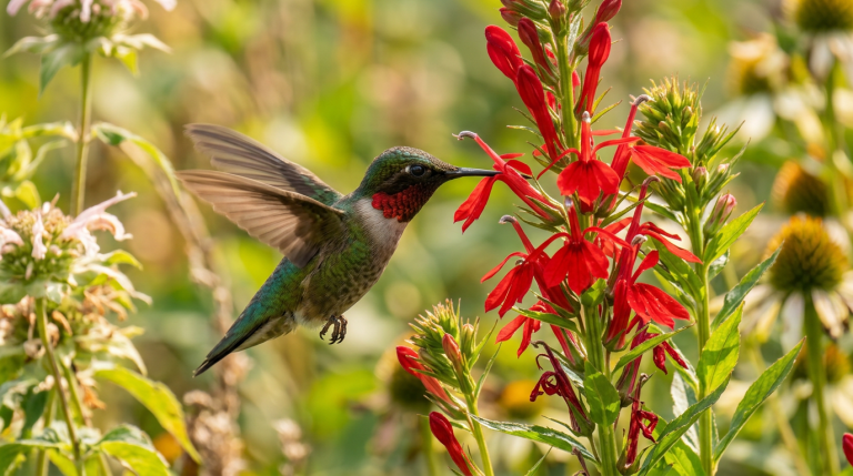 Ruby-throated Hummingbird feeding from a red native flower in a pollinator garden
