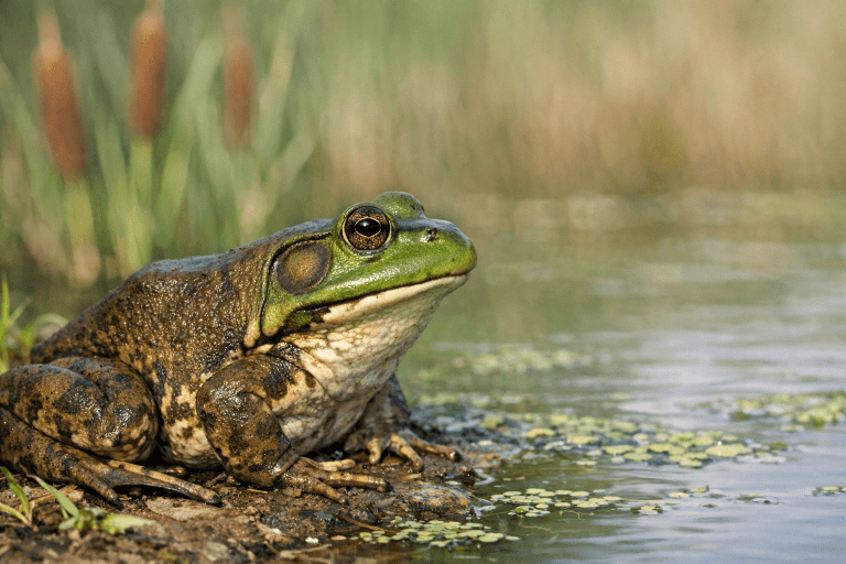 American Bullfrog resting among vegetation at the edge of a freshwater pond. Frogs are amphibians.