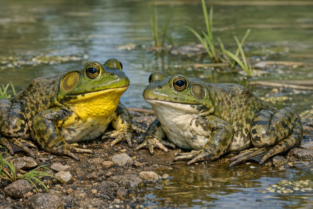 Adult male and female American Bullfrogs showing differences in throat color and tympanum size.