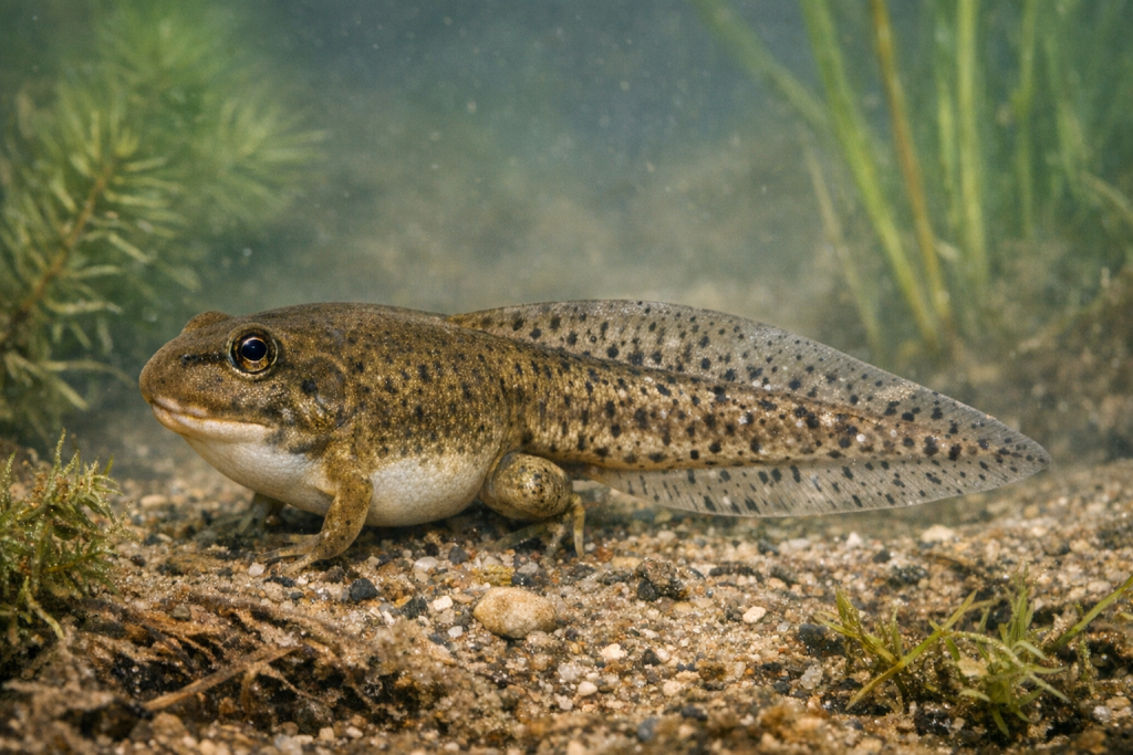 Speckled American Bullfrog tadpole swimming among submerged pond plants.