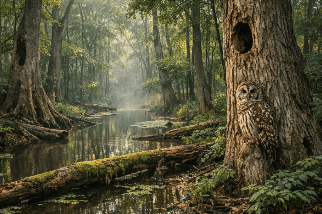Mature wooded wetland habitat with a camouflaged Barred Owl near a tree trunk.