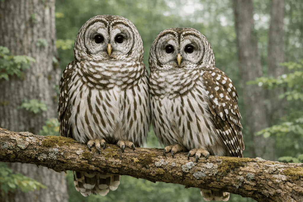 Male and female Barred Owls perched together, with the female slightly larger.