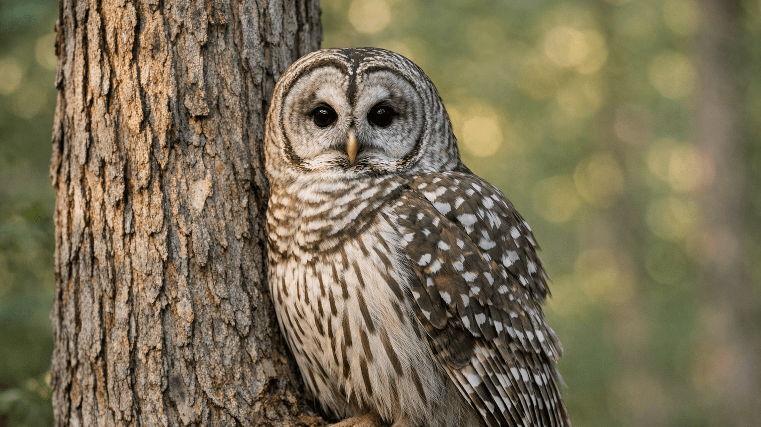 Adult Barred Owl perched beside a tree trunk in a shaded forest.