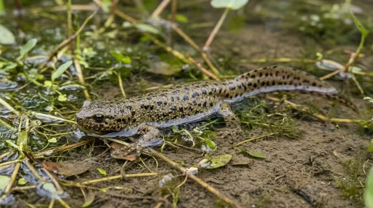 Adult Black-spotted Newt in a shallow vegetated pond.