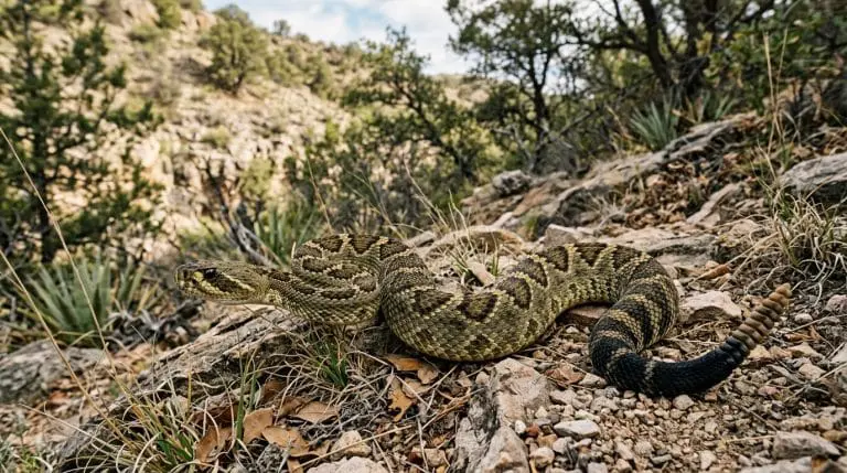 Black-tailed rattlesnake crossing a rocky oak-juniper canyon slope.