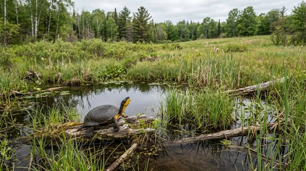 Shallow sedge marsh habitat with a Blanding’s Turtle basking on a low hummock.