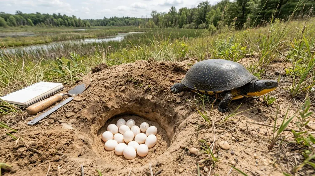 Blanding’s Turtle beside a monitored ground nest containing white eggs.