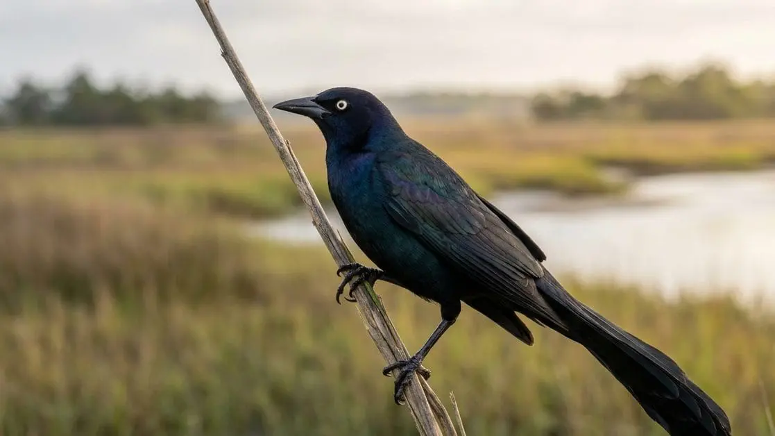 Male Boat-tailed Grackle perched on cordgrass in a coastal salt marsh.