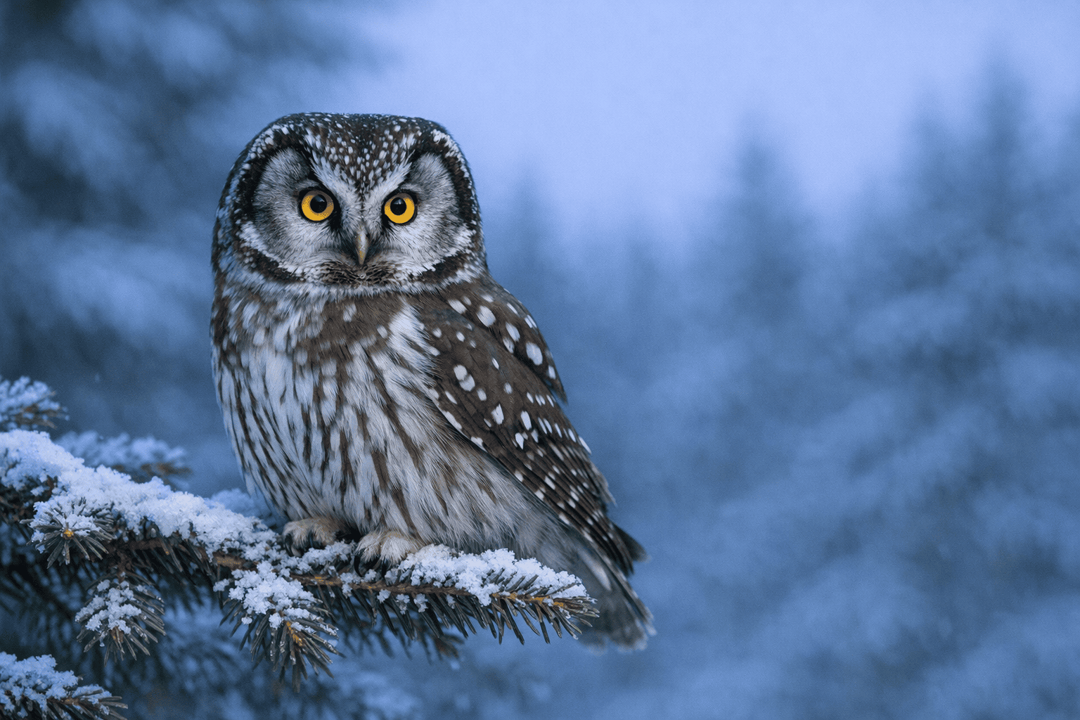 Adult Boreal Owl perched on a snow-dusted spruce branch in boreal forest.