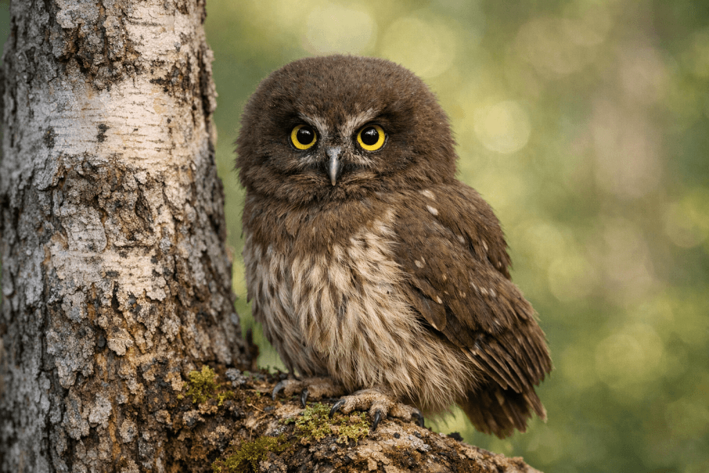 Recently fledged juvenile Boreal Owl perched beside an aspen trunk.