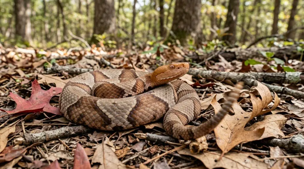 Broad-banded copperhead in a loose defensive coil vibrating its tail in dry oak leaves.