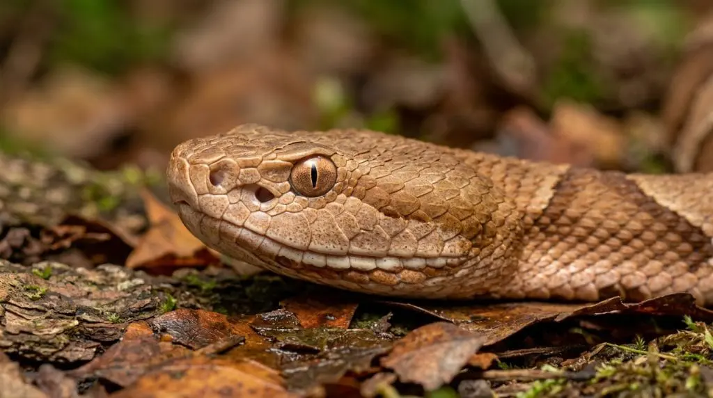 Close-up of a broad-banded copperhead head showing copper coloring, vertical pupil, and facial pit.