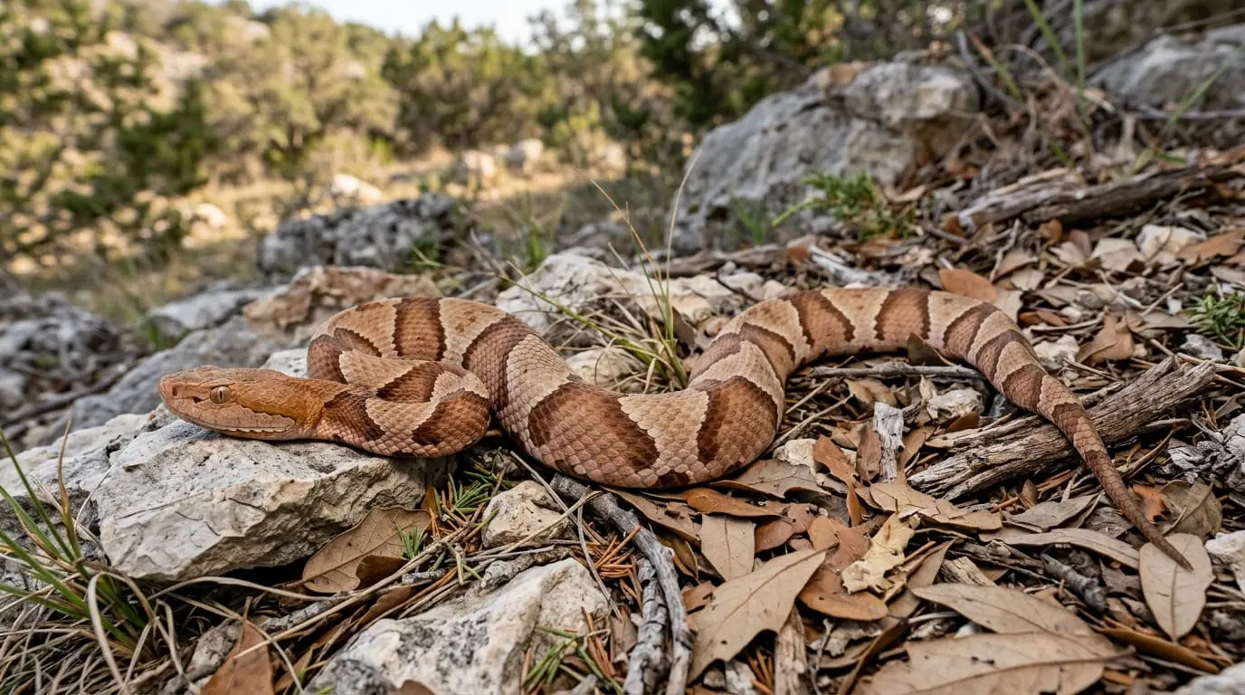 Adult broad-banded copperhead coiled among limestone rocks and oak leaves on a Texas hillside.