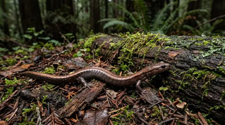 California slender salamander crossing damp leaf litter beside a mossy log.
