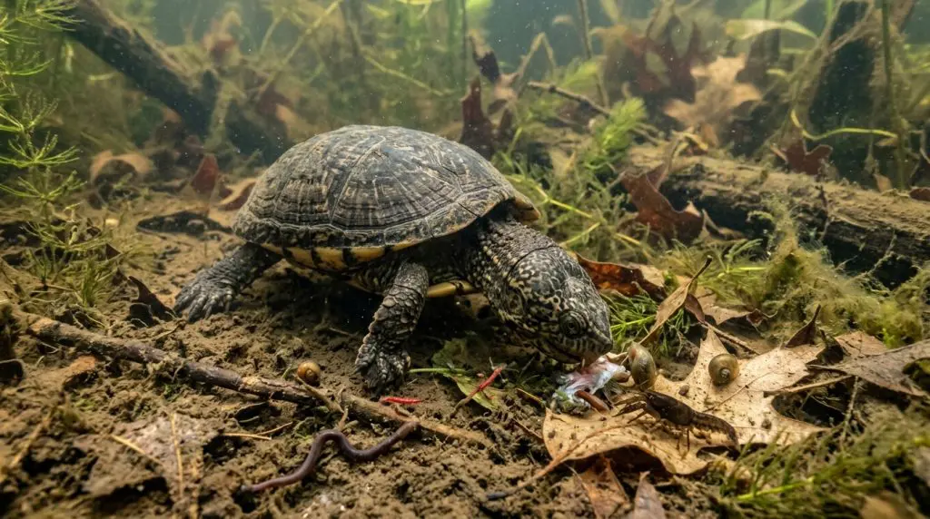 Common mud turtle foraging among aquatic invertebrates on a muddy pond bottom.