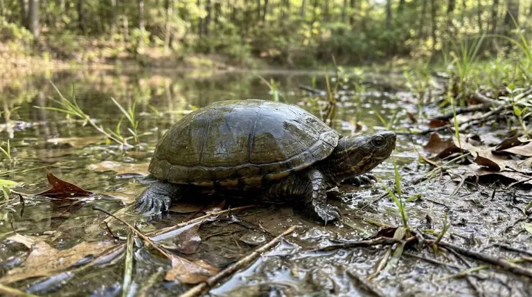 Common mud turtle at the leaf-strewn edge of a shallow woodland pond.