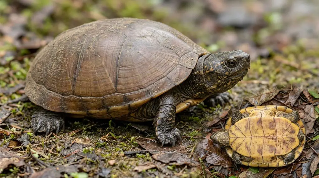 Common mud turtle showing its plain oval shell and large hinged plastron.
