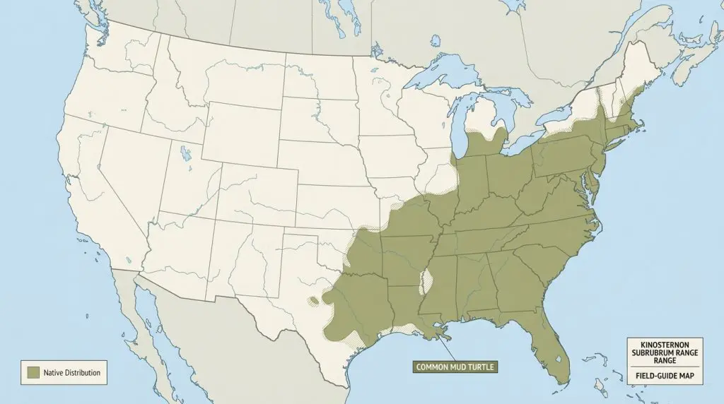 Map showing the common mud turtle’s range in the eastern and south-central United States.